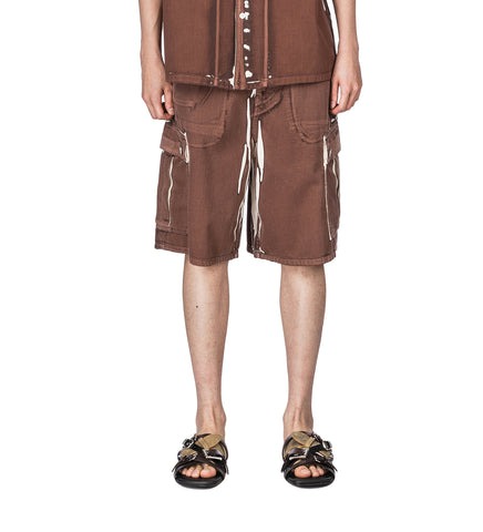 SCREEN PRINTED DENIM CARGO SHORTS BROWN
