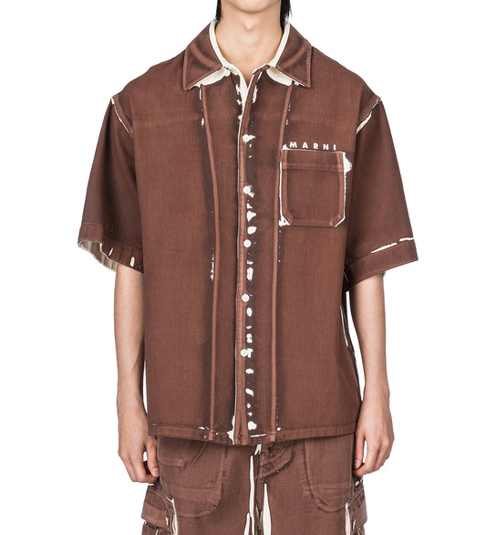 SCREEN PRINTED DENIM SHIRT BROWN