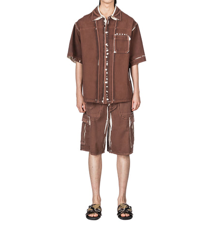 SCREEN PRINTED DENIM CARGO SHORTS BROWN