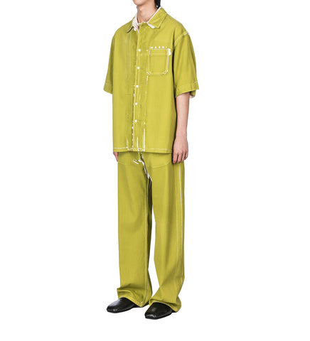 SCREEN PRINTED DENIM WIDE LEG PANTS GREEN