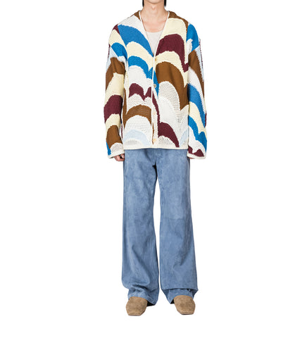 CROCHET-EFFECT CARDIGAN BURGUNDY AND BLUE