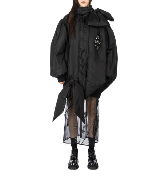 OVERSIZED BOW DETAIL BOMBER JACKET W/ EMB. BLACK/JET