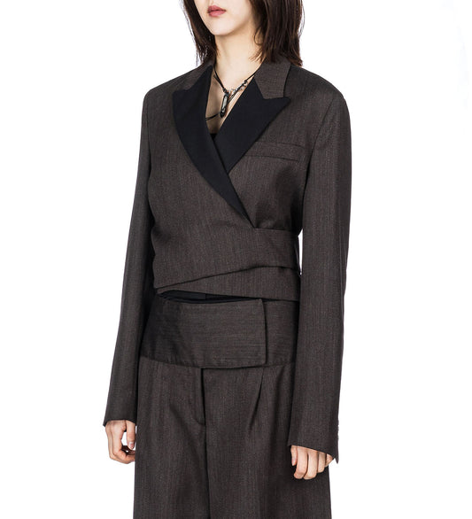 WRAP BLAZER HAVANA BROWN CHAIN WOOL