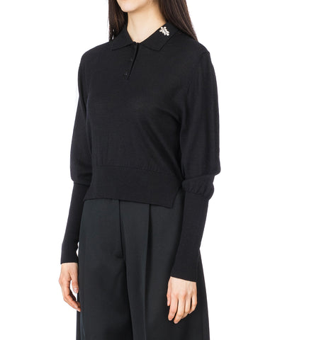 MERINO SILK KNIT POLO SWEATER W/ EMB. BLACK/PEARL/CLEAR