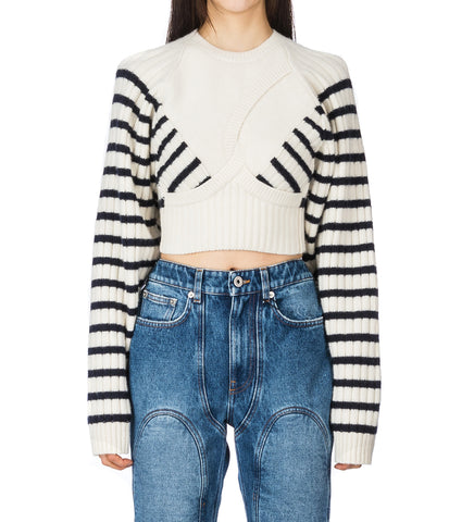 RIBBED MARINIERE CROPPED PULLOVER WHITE/NAVY