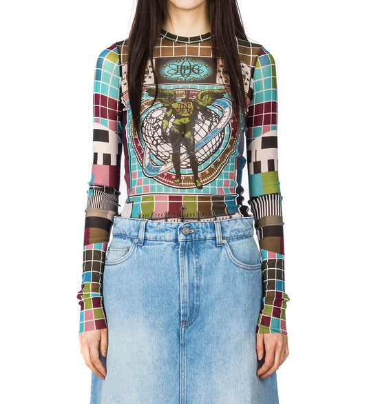 MESH LONG SLEEVE TOP MIRE BLUE/MULTICOLOR