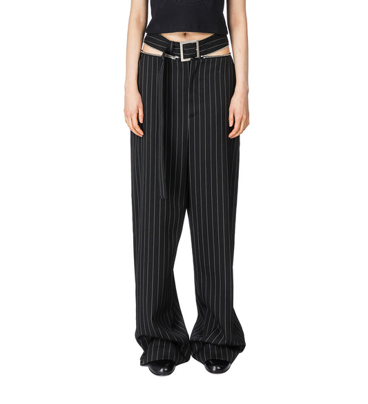 THE BELTED PINSTRIPE TAILORED TROUSER BLACK