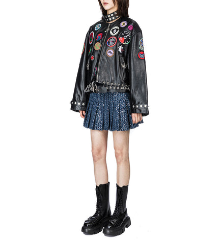 PATCH BLACK LEATHER JACKET BLACK