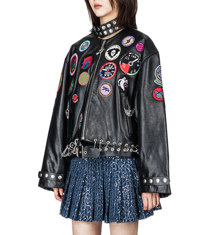 PATCH BLACK LEATHER JACKET BLACK