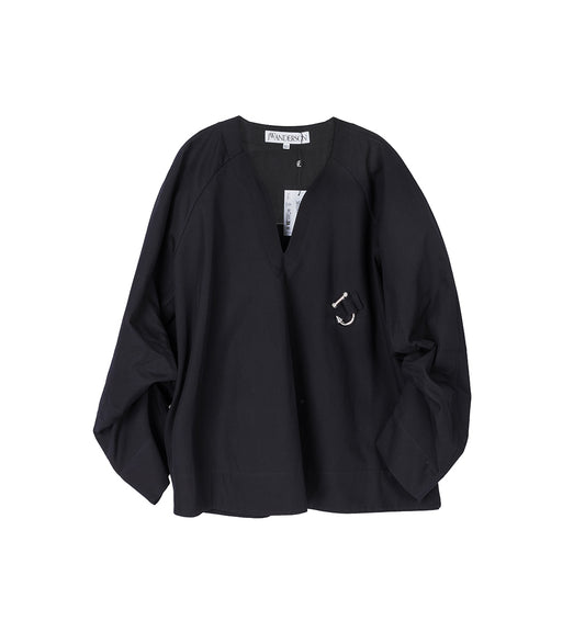 GATHERED SLEEVE V NECK TOP NAVY