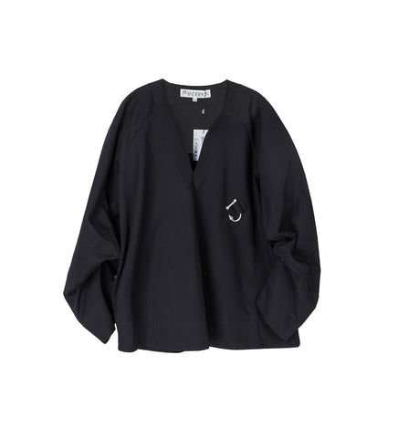 GATHERED SLEEVE V NECK TOP NAVY