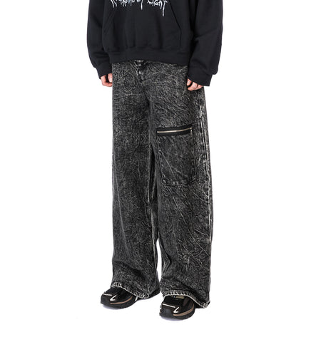 DENIM PANTS W ZIP POCKET ACID WASH BLACK