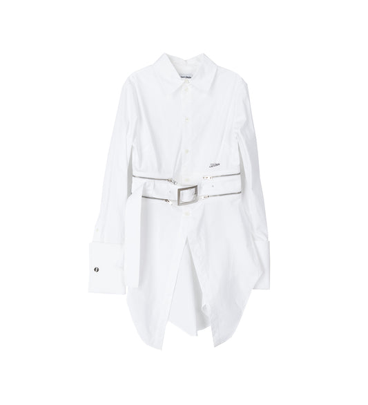 STRETCH POPLIN SHIRT WITH ZIP OFF BELT DETAIL WHITE