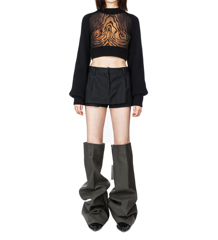 LAMBSWOOL RIBBED LONG SLEEVES CROPPED SWEATER WITH PRINTED MESH CUT OUT DETAILS BLACK/BROWN