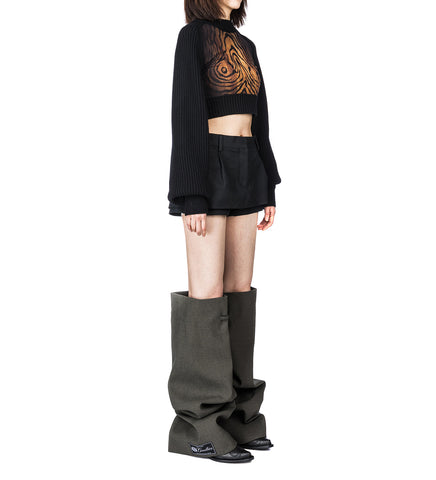 LAMBSWOOL RIBBED LONG SLEEVES CROPPED SWEATER WITH PRINTED MESH CUT OUT DETAILS BLACK/BROWN