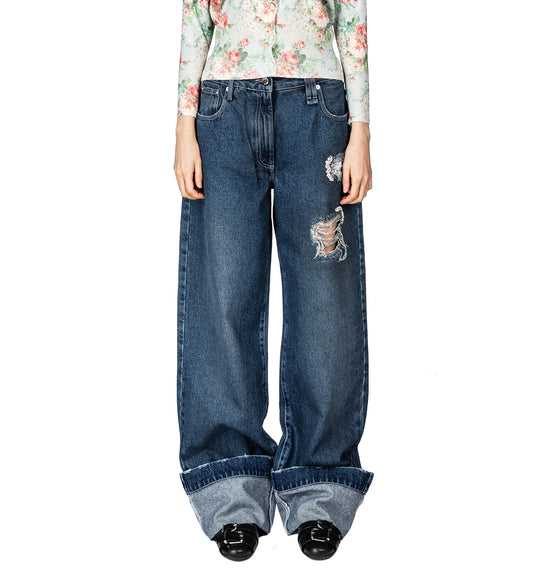 DISTRESSED STRAIGHT LEG JEANS BLUE/PEARL/CLEAR