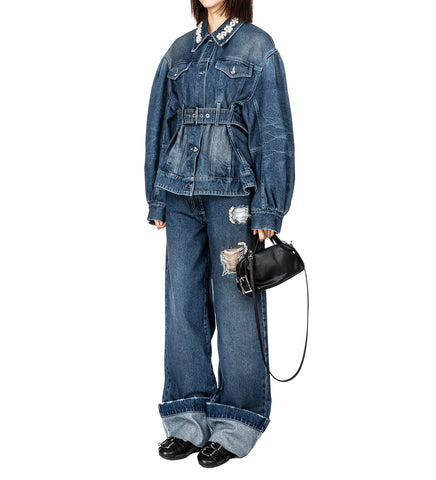SCULPTED BELT DETAIL DENIM JACKET DISTRESSED BLUE/PEARL