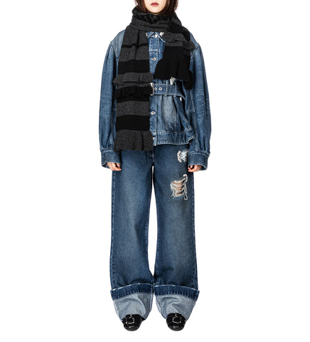 SCULPTED BELT DETAIL DENIM JACKET DISTRESSED BLUE/PEARL