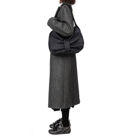 BELTED LONG SCULPTED COAT W/PEARL BUTTONS CHARCOAL/PEARL