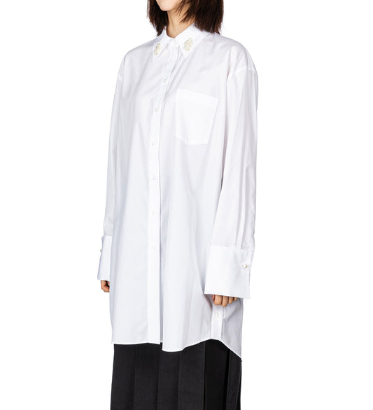 ELONGATED CUFF BUTTON PLACKET SHIRT W/EMB. WHITE/PEARL