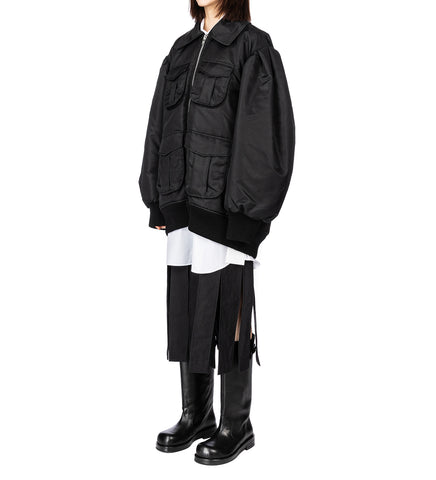 PUFF SLEEVE MULTI POCKET BOMBER JACKET BLACK