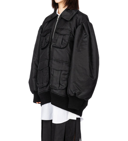 PUFF SLEEVE MULTI POCKET BOMBER JACKET BLACK