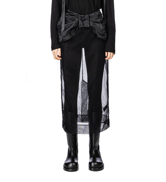 SHEER BROCADE BOW WAIST PENCIL SKIRT BLACK