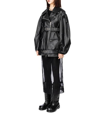 PUFF SLEEVE MULTI BELT BIKER JACKET BLACK