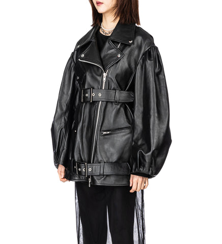 PUFF SLEEVE MULTI BELT BIKER JACKET BLACK