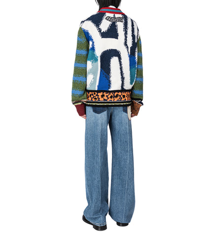 VELVET WAISTBAND DENIM TROUSERS WITH PATCH BLUE