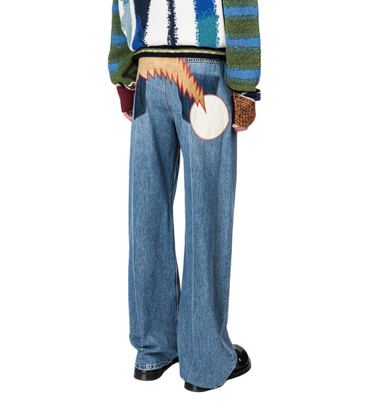 VELVET WAISTBAND DENIM TROUSERS WITH PATCH BLUE