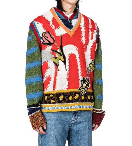 V NECK FLOWER KNIT VEST RED