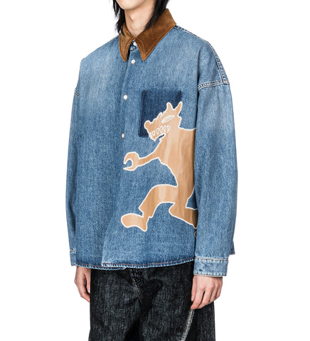 DENIM TRUCKER JACKET WITH PATCH ON BACK BLUE