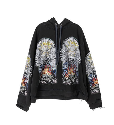 SKULL HOODED PULLOVER COAL MULTI