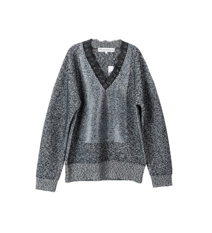 LACE TRIM V NECK JUMPER BLACK