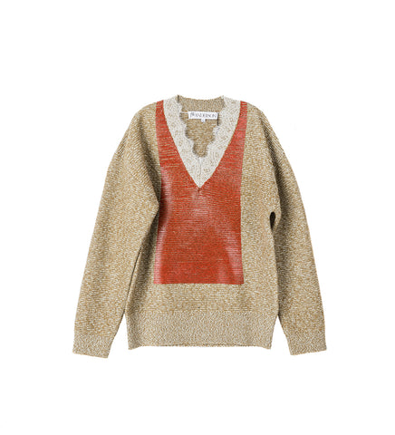 LACE TRIM V NECK JUMPER COBBLESTONE/RED