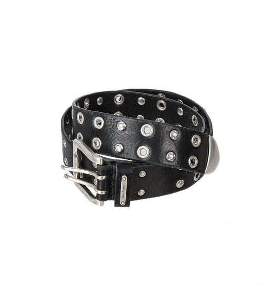 STUDDED DOUBLE TONGUE BELT FLEAKING BLACK LEATHER