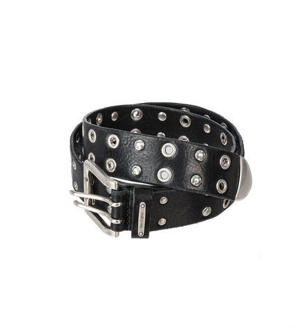 STUDDED DOUBLE TONGUE BELT FLEAKING BLACK LEATHER