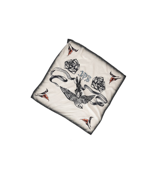 SILK SCARF PRINTED "TATTOO BIRD" ECRU/BLACK/RED