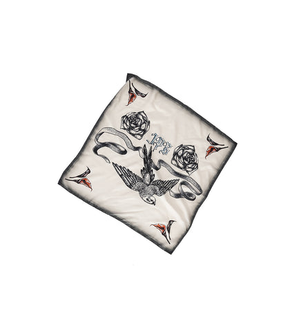 SILK SCARF PRINTED "TATTOO BIRD" ECRU/BLACK/RED