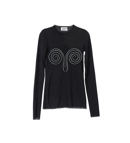 MESH LONG SLEEVES TOP WITH "SPIRAL" EMBELLISHMENT BLACK