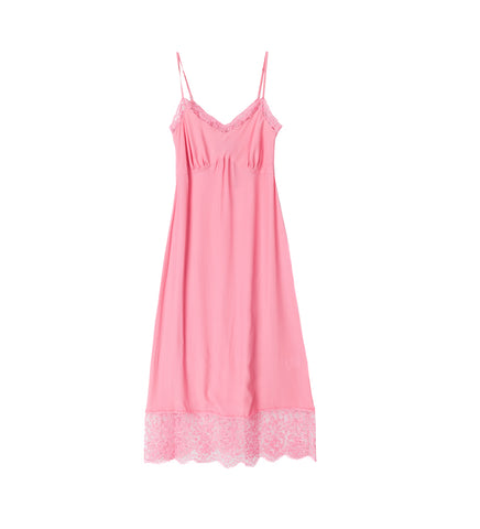 SLIP DRESS W/DEEP LACE TRIM BRIGHT PINK