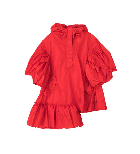 RUFFLE DETAIL PETAL SLEEVE CAGOULE RED