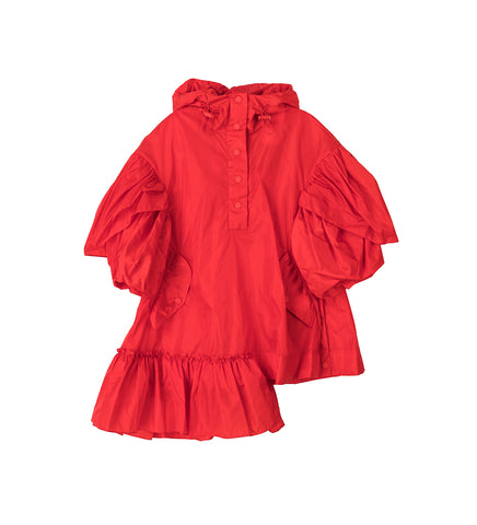 RUFFLE DETAIL PETAL SLEEVE CAGOULE RED