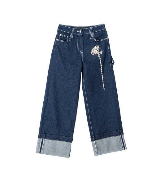 STRAIGHT CUFF DETAIL BOYFRIEND JEANS W/EMB INDIGO/CLEAR