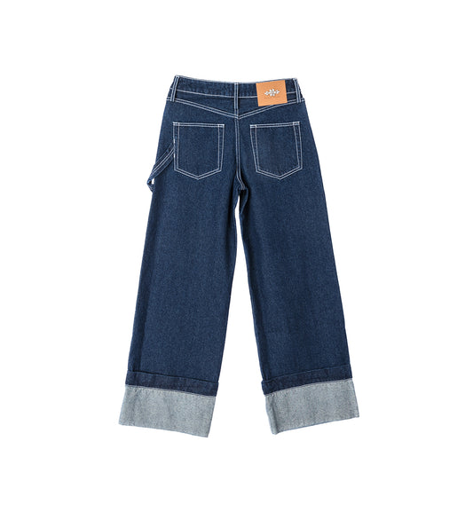 STRAIGHT CUFF DETAIL BOYFRIEND JEANS W/EMB INDIGO/CLEAR