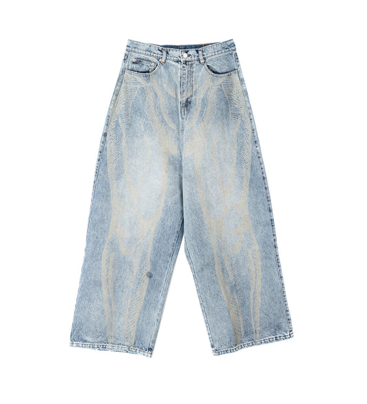 LASER ETCHED JEANS LIGHT WASH BLUE
