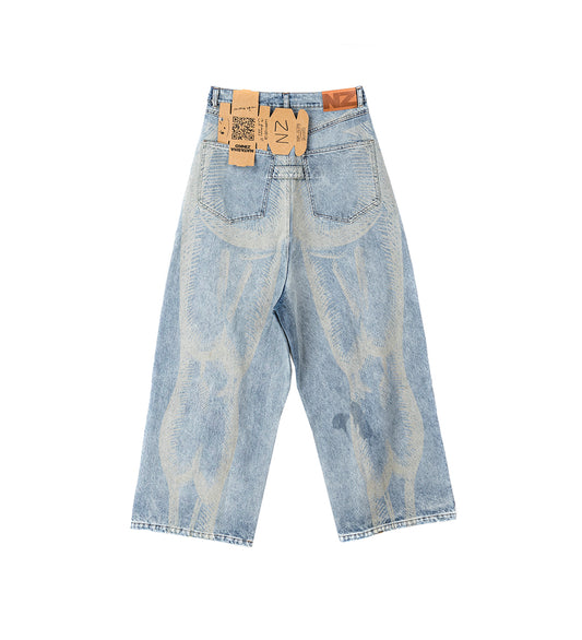 LASER ETCHED JEANS LIGHT WASH BLUE