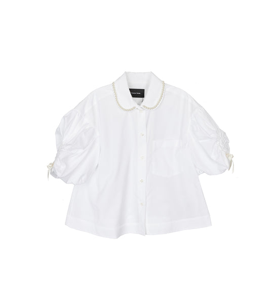 BEADED CROPPED PUFF SLEEVE SHIRT WHITE/PEARL