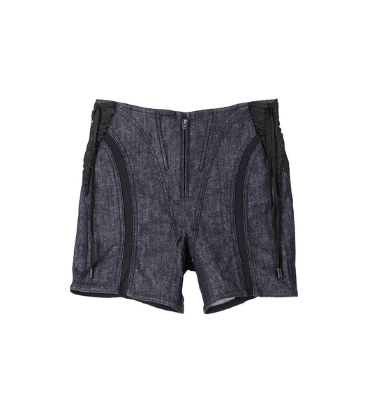 MESH LACED-UP RAW DENIM SHORTS BLACK